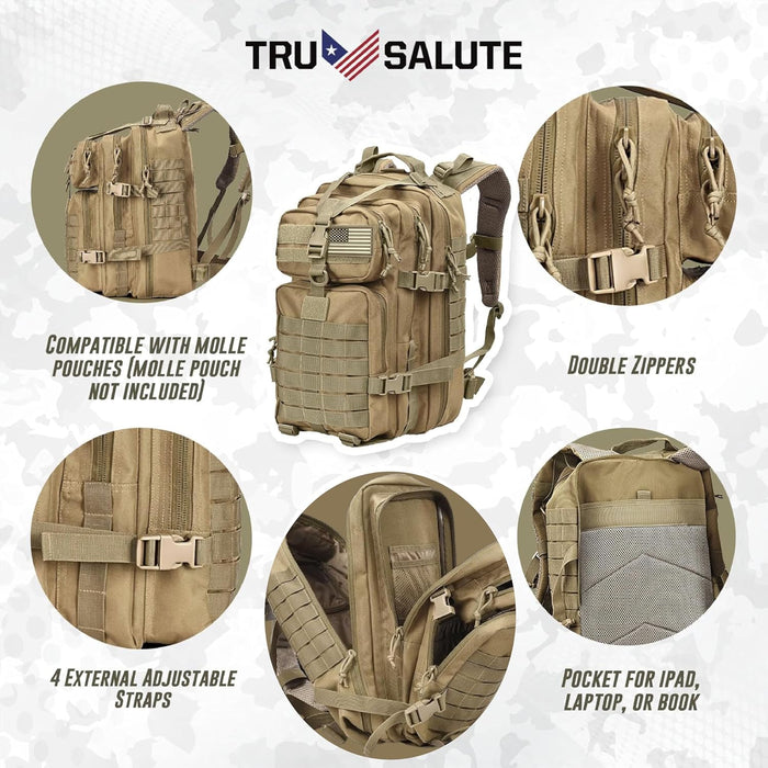 Tru Salute 45L Military Tactical Backpack Large Army 3 Day Assault Pack Molle Bug out Bag Rucksack (Tan)