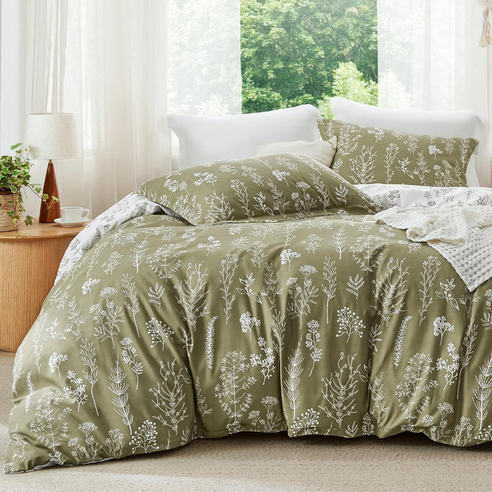 Bedsure King Comforter Set - Sage Green Bed Set, 3 Pieces Cute Floral Bedding, 1 Soft Reversible Botanical Flowers Comforter and 2 Pillow Shams