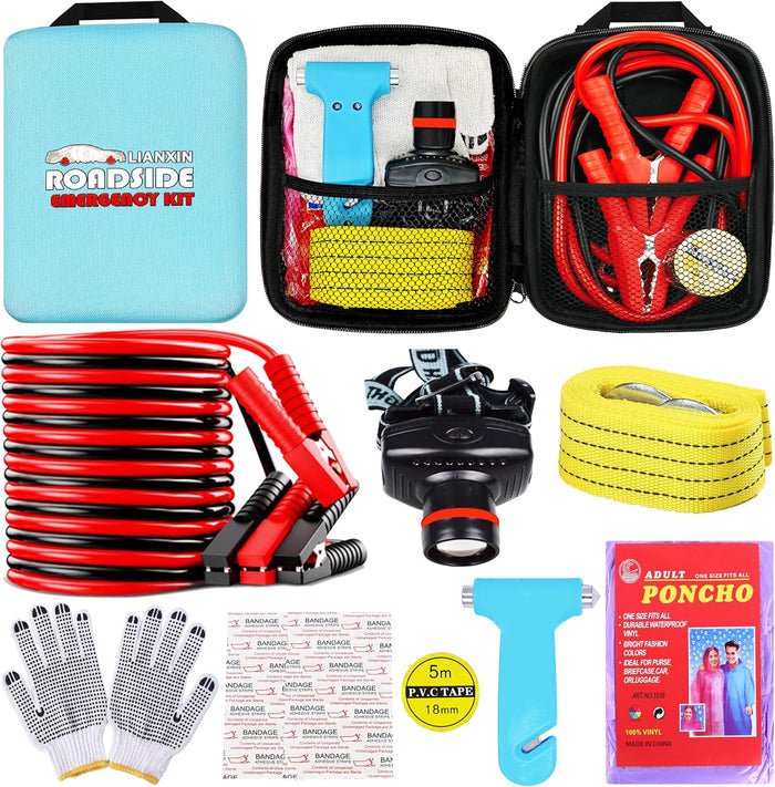 Car Roadside Emergency Kit, with Jumper Cables Automotive Kit,Car Safety Roadside Assistance Kit Headlamp,Tow Straps, Safety Hammers, Rainwear, Gloves.Black
