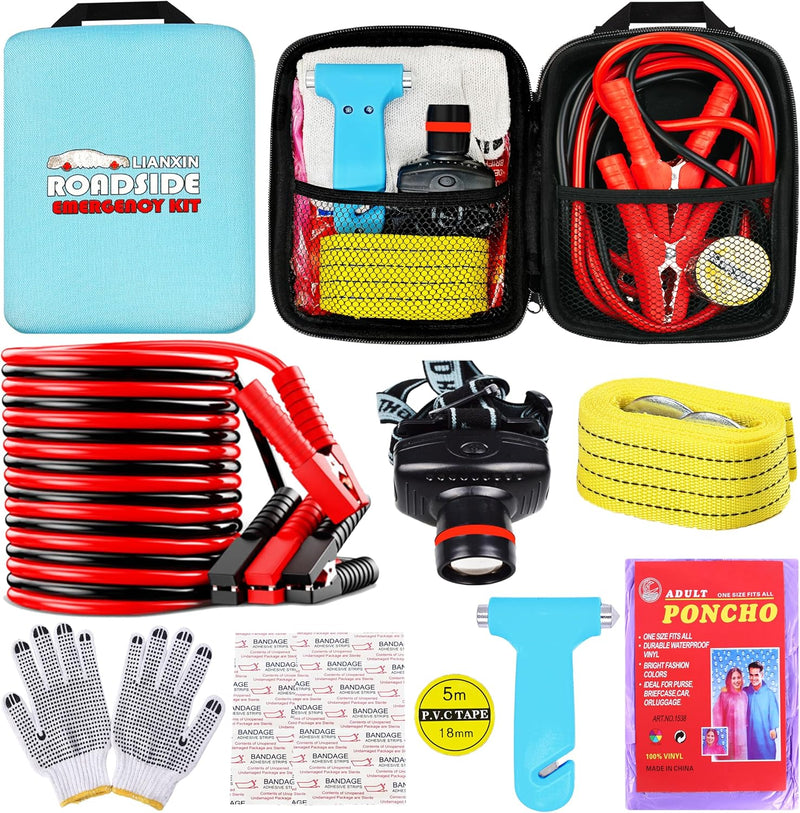 Car Roadside Emergency Kit, with Jumper Cables Automotive Kit,Car Safety Roadside Assistance Kit Headlamp,Tow Straps, Safety Hammers, Rainwear, Gloves.Black