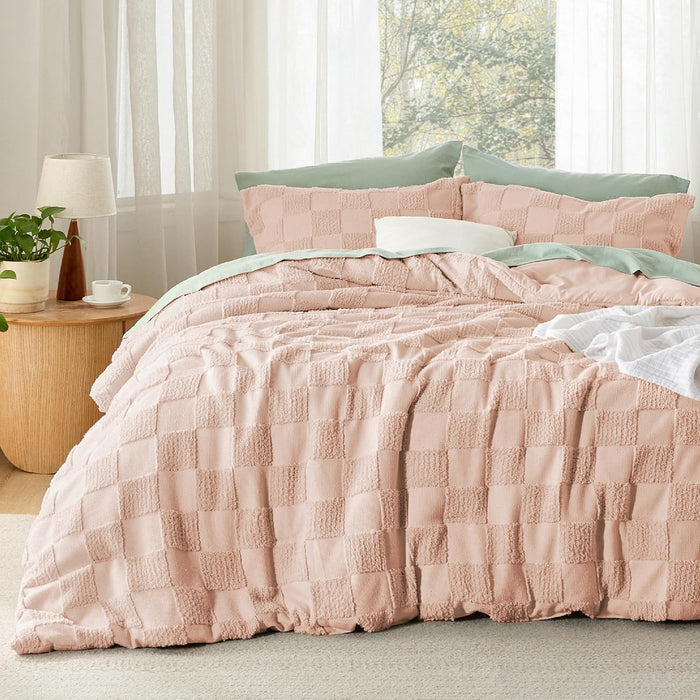 Bedsure Queen Size Comforter Set Beige, Boho Tufted Bed Set, Checkered Farmhouse Shabby Chic Bedding, 3 Pieces, 1 Plaid Geometric Comforter and 2 Pillow Shams