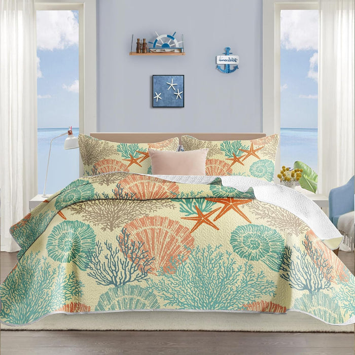Tritard 3 Piece Coastal Quilt Sets Full/Queen Size - Reversible Microfiber Quilts with 2 Shams Soft Lightweight Beach Bedding Nautical Bedspread Coverlet Summer Comforter for All Season, 90''x96'', C1