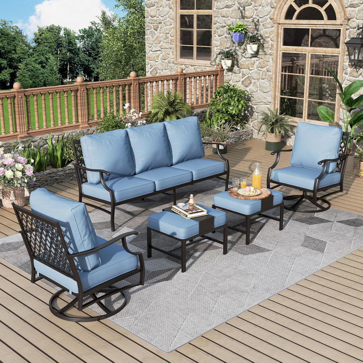 Patio Furniture Set 5 pcs, Outdoor Patio Furniture, 3-Seat Sofa, 2 Swivel Chairs, 2 Ottomans and 5.75" Extra Thick Cushion, Patio Conversation Set for Garden Backyard Deck,Red