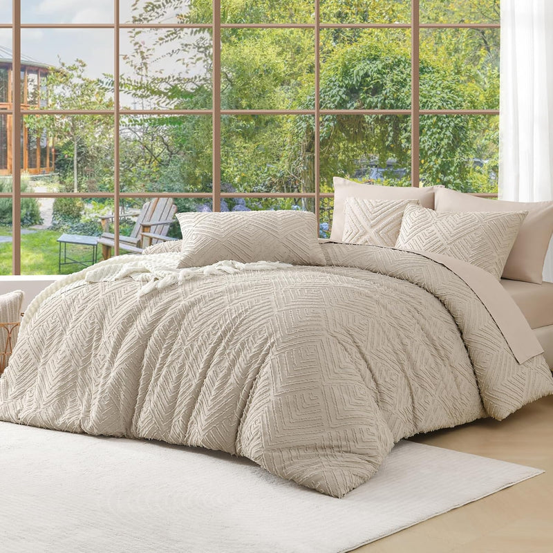 Andency King Size Comforter Set Beige, 3 Pieces Boho King Bedding Comforter Set Cream, All Season Soft Lightweight Tufted Textured Down Alternative Comforter Fluffy Bed Set