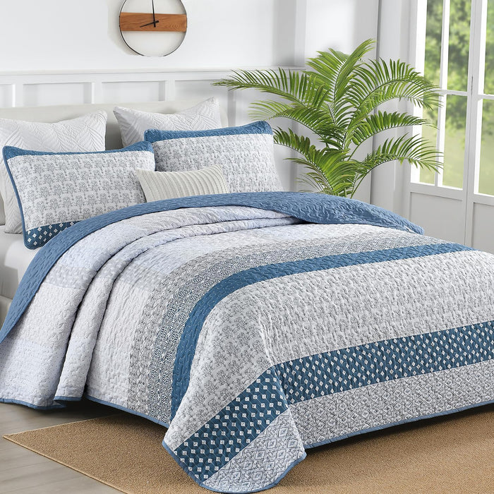 WONGS BEDDING Grey Quilt Queen Size, Bohemian Stripe Quilt Sets 3 Pieces Gray Boho Quilted Bedspread Set Lightweight Microfiber Coverlet Bedding Set All Season (96"x90")