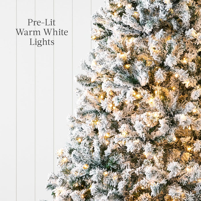 Best Choice Products Pre-Lit Artificial Christmas Tree, 7.5ft Snow Flocked Design Pine Tree, Full Appearance Snowy w/Easy Assembly, Metal Stand