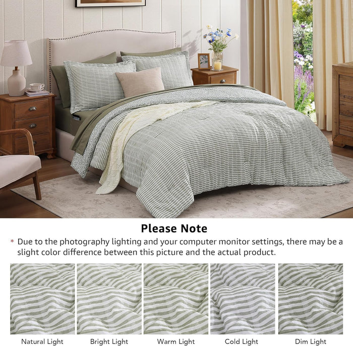Queen Comforter Set - 7 Pieces Green Gauze Muslin Bedding Sets for All Seasons, Lightweight Breathable Bed in a Bag Queen with Revesible Farmhouse Comforter, Sheets, Pillowcases & Shams