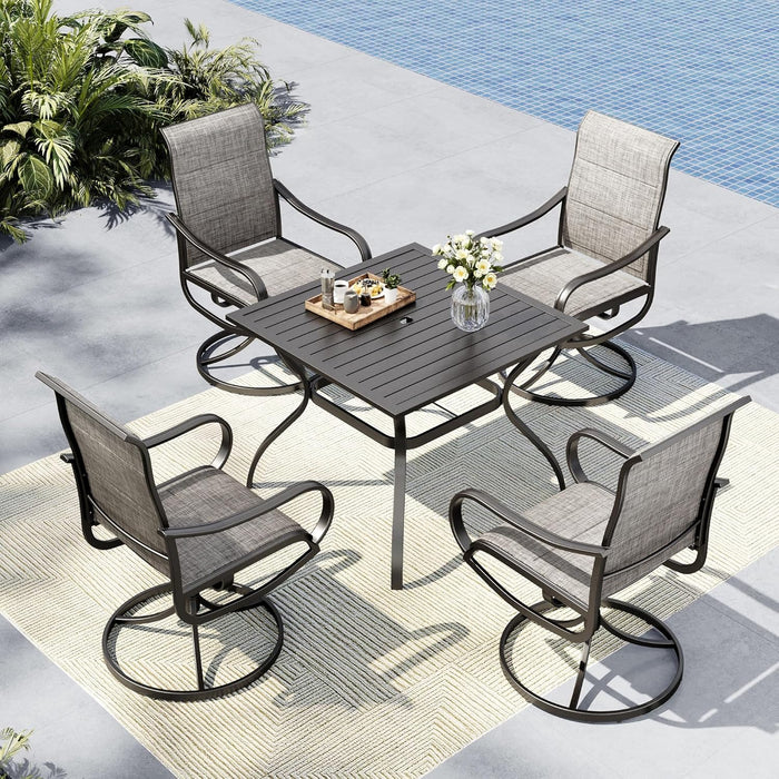 MFSTUDIO Outdoor Dining Set for 4，Round Patio Table and Chairs Set with Umbrella Hole, 5 Piece Patio Furniture Set for Deck, Backyard, Poolside & Garden