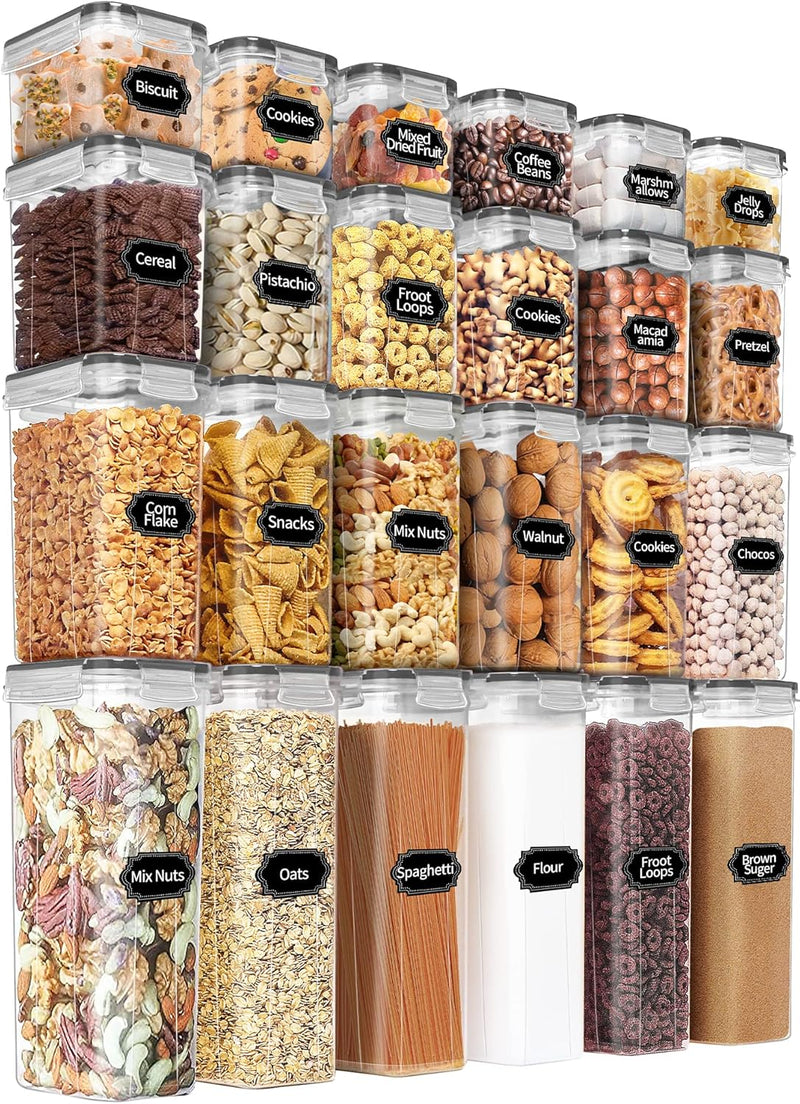 PRAKI Airtight Food Storage Containers Set with Lids - 24 PCS, BPA Free Kitchen and Pantry Organization, Plastic Leak-proof Canisters for Cereal Flour & Sugar - Labels & Marker