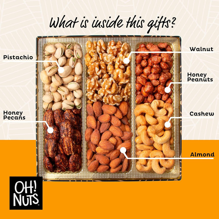 Oh! Nuts 6 Section Nuts Gift Basket - Gourmet Assorted Nut Gifts Baskets - Healthy Nuts Gift Square Metal Tin Box - Premium Food Gift for Birthday, Holiday, Movie Night, Corporate, Men & Women