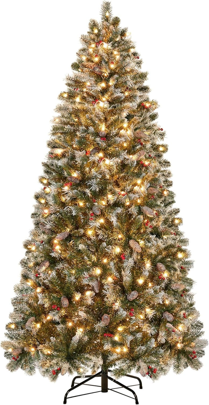 Yaheetech 6ft Pre-lit Frosted Artificial Hinged Christmas Tree with 818 Flocked PVC Tips,62 Pine Cones,62 Holly Berries & 250 Warm White Lights,Foldable Stand,Green