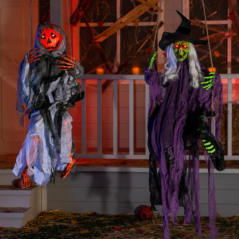 JOYIN Halloween Scary Decorations Outdoor, 2 Packs Halloween Hanging Swinging Ghosts Decor with Lighted Up Eyes, Creepy Swinging Skeleton Flying Props for Yard Patio Lawn Garden