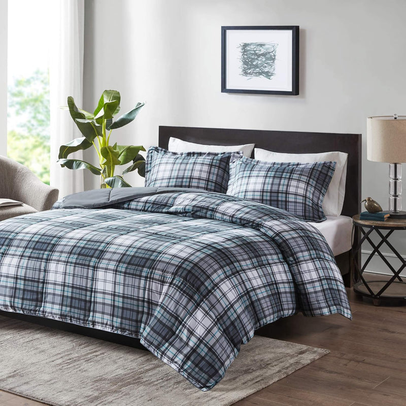 Madison Park Essentials Parkston Plaid Comforter, Matching Sham, 3M Scotchguard Stain Release Cover, Hypoallergenic All Season Bedding-Set, Full/Queen, Black, 3 Piece