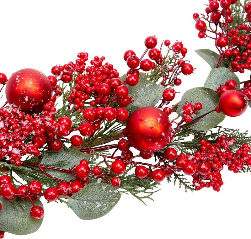 5 Feet Christmas Garland with Red Berry Christmas Balls Decorations with Pine Eucalyptus Leaves for Table Window Wall and Christmas Trees