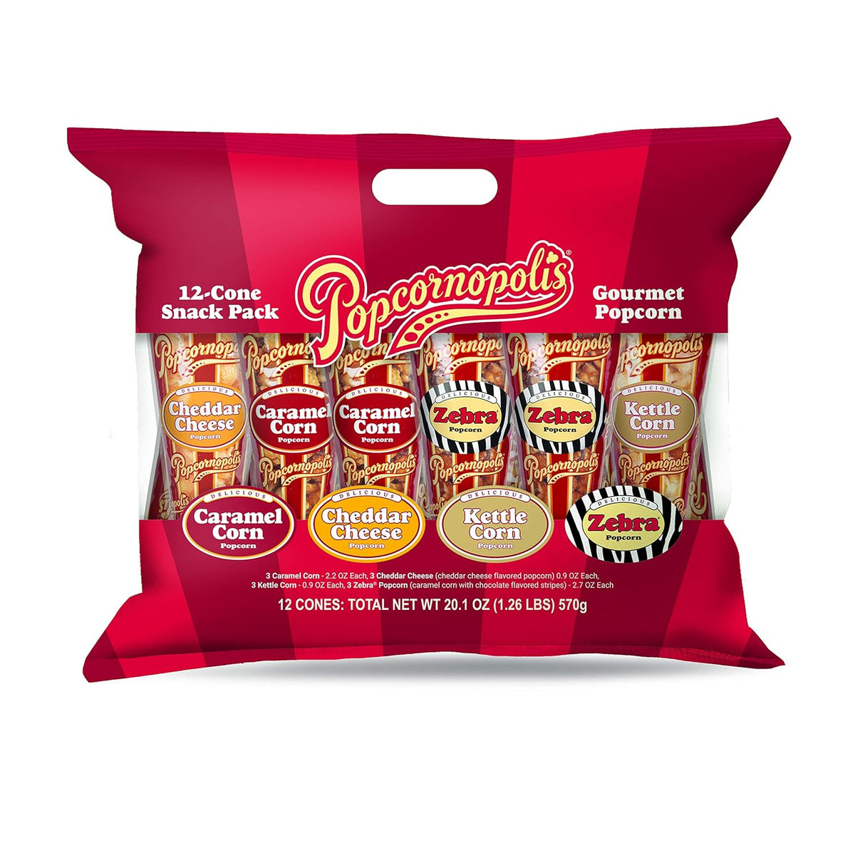 Popcornopolis Gourmet Popcorn Cone Variety Pack (12-Count) – Zebra, Cheddar Cheese, Caramel & Kettle Corn Popcorn, Great for Gifting & Sharing