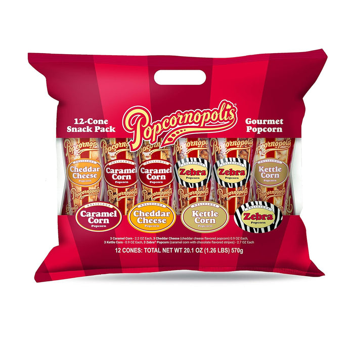 Popcornopolis Gourmet Popcorn Cone Variety Pack (12-Count) – Zebra, Cheddar Cheese, Caramel & Kettle Corn Popcorn, Great for Gifting & Sharing