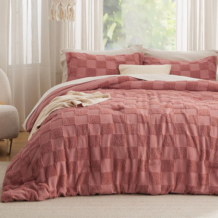 Bedsure Queen Size Comforter Set Beige, Boho Tufted Bed Set, Checkered Farmhouse Shabby Chic Bedding, 3 Pieces, 1 Plaid Geometric Comforter and 2 Pillow Shams