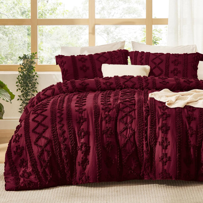 Bedsure Tufted Boho Comforter Set Queen Size - Beige Boho Bed Set, GentleSoft™ 3 Pieces Farmhouse Shabby Chic Embroidery Bedding, Gifts for Woman, Soft Jacquard Queen Comforter for All Seasons