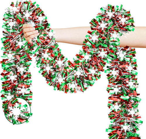 50 FT Christmas Decorations Tinsel Garland with Snowflake Christmas Tree, Red Green Silver Shiny Metallic Twist Christmas Garland for Home Tree Mantle Stairs Indoor Outdoor Holiday Xmas Party Decor