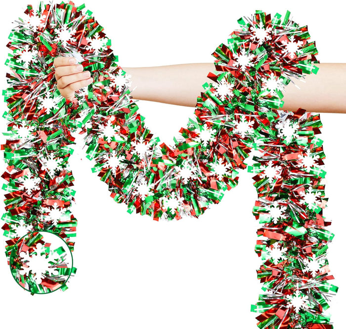 50 FT Christmas Decorations Tinsel Garland with Snowflake Christmas Tree, Red Green Silver Shiny Metallic Twist Christmas Garland for Home Tree Mantle Stairs Indoor Outdoor Holiday Xmas Party Decor