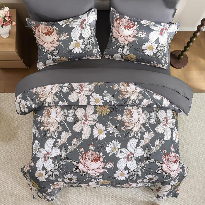 Luxudecor Queen Comforter Set 7 Pieces Bedding Sets,Gray Floral Comforter and Sheet Set,Soft Microfiber Bed in a Bag for All Seasons (Gray,90"x90")