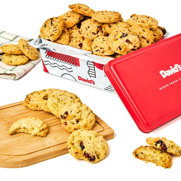 David's Cookies Cranberry Pistachio Biscuits Sweet Sampler Tin - Irresistible Crunch, Snacks And Bakery Treats - Ideal for Snacking And Gifting - Delicious Gourmet Food Gift For All Occasions 9.3oz