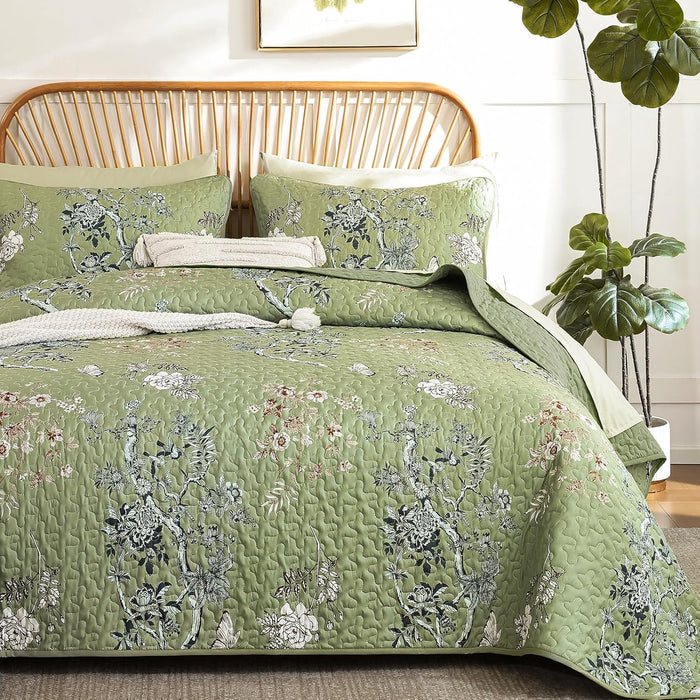 WONGS BEDDING Green Floral Quilt Set King,Botanical Leaf & Butterfly Pattern Bedspread Coverlet Set,Soft Beautiful Farmhouse Plants Quilts Bedding Set for All Seasons(104"×90")