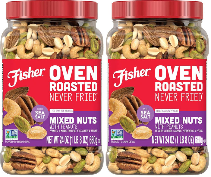 Fisher Oven Roasted Never Fried Mixed Nuts with Peanuts, 24 Ounces (Pack of 1), Peanuts, Almonds, Cashews, Pistachios, Pecans, Trail Mix, Healthy Snacks for Adults, Made With Sea Salt, No Added Oils