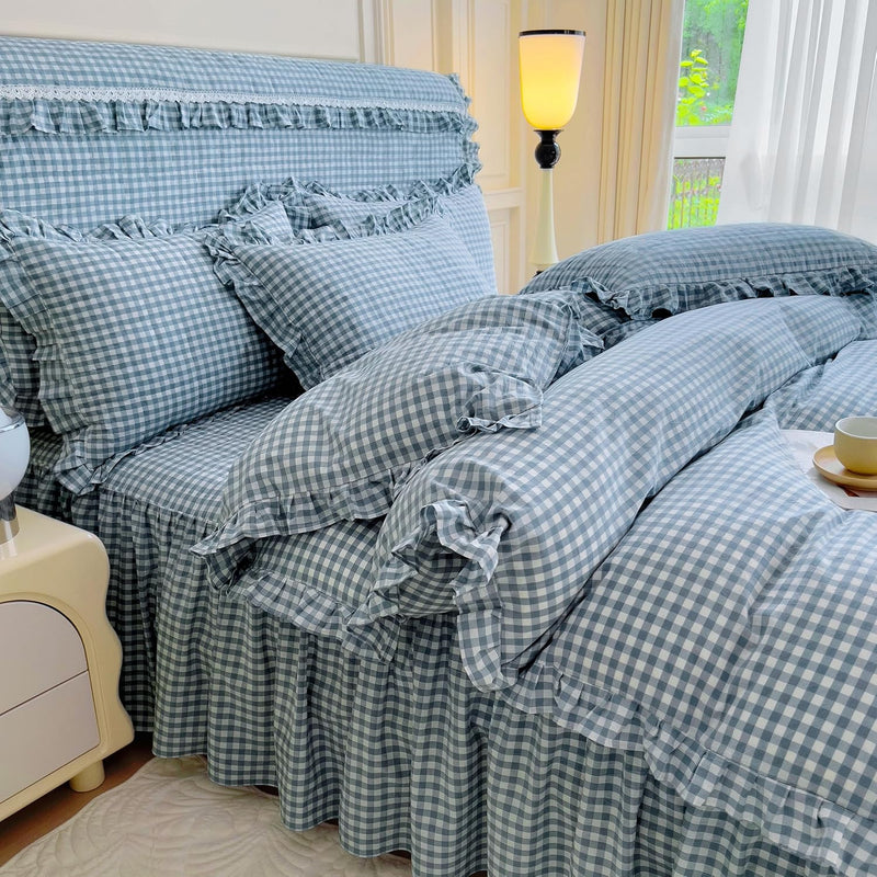 MKXI Plaid Comforter Set Queen Size, Geometric Checkered 3 Pieces Bedding Set Men Boys, Modern Style Comforter with 2 Pillow Shams All Season Soft Fluffy Bedding Set-(Tan,Dark Blue Grey,Khaki)