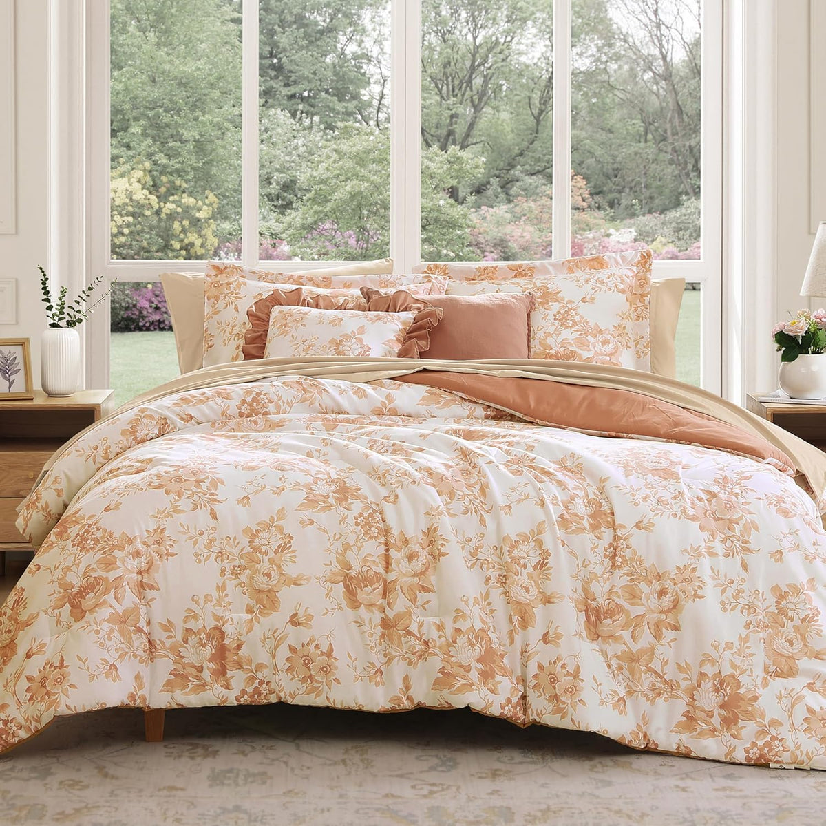 Queen Comforter Set -7 Pieces Pink Floral Comforter Set for All Seasons, Bed in a Bag Queen with Botanical Flowers Comforter, Sheets, Pillowcases & Shams