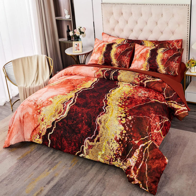 PERFEMET 6 PCS Bed in a Bag Black Watercolor Marble Printed Comforter Set for Queen Bed Burning Mountain Pattern Bedding Set with Sheets Retro Artwork Design Quilt Sets(Black, Queen)