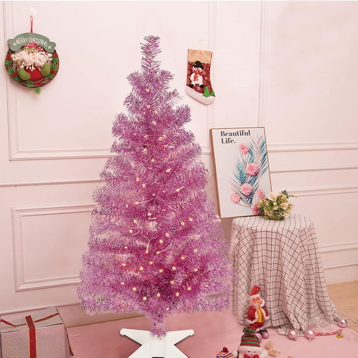 Juegoal 4 FT Pre-lit Artificial Christmas Tree, Lighted Tinsel Pencil Pine Spruce Trees with 70 Warm White LED Lights, 8 Lighting Mode & Timer for Xmas Holiday Party Decor (Pink)