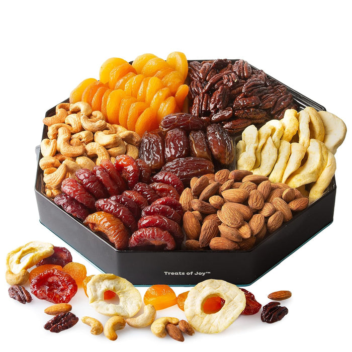Oh! Nuts 7 Section Dried Fruits and Nuts Gift Basket - Gourmet Assorted Fruit & Nut Gifts Baskets - Healthy Food Hexagon Metal Tin Box - Festive Gifts for Holiday, Birthday, Corporate Women & Men