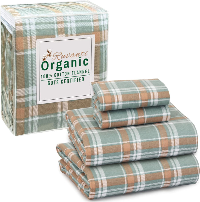 RUVANTI Flannel Sheets Full Size - GOTS Certified 100% Organic Cotton, 4 Piece Warm, Soft & Breathable Set, Deep Pocket Snug Fit, Double Brushed Cozy All Season Bedding, Reindeer Rush