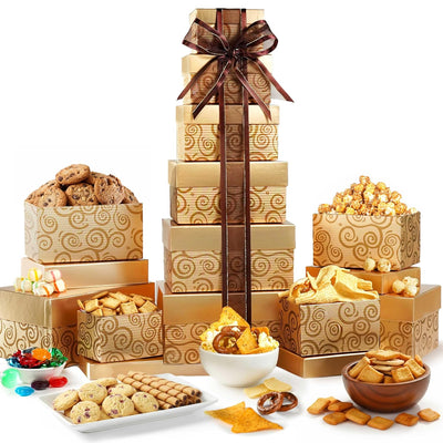 Broadway Basketeers Festive Gift Basket Tower – Gourmet Food Gifts with Chocolates, Cookies, Snacks & Treats - Christmas Gift Tower for Celebration, Birthday, Corporate & Thank You Occasions