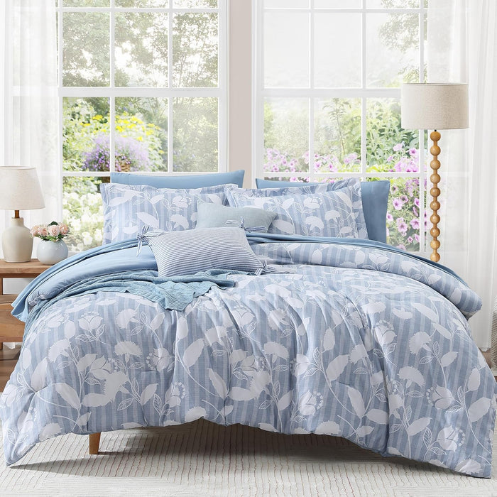 Queen Comforter Set -7 Pieces Pink Floral Comforter Set for All Seasons, Bed in a Bag Queen with Botanical Flowers Comforter, Sheets, Pillowcases & Shams