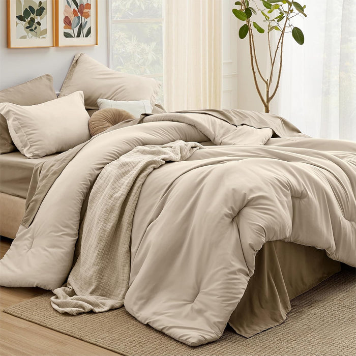 Bedsure Queen Comforter Set - 7 Pieces Sage Green Queen Bedding Set for All Seasons, Boho Contrasting Design Bed in a Bag with Comforter, Sheets, Pillowcases & Shams