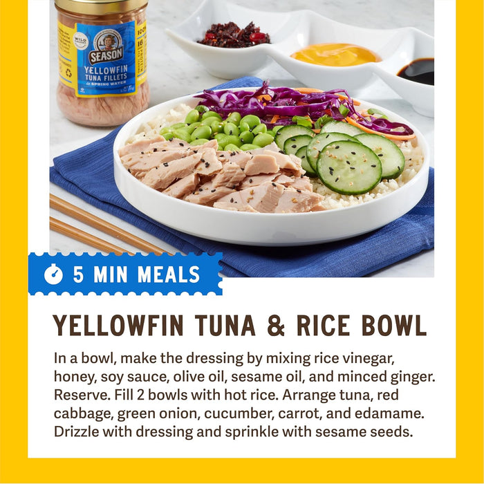 Season Yellowfin Tuna Fillets in Spring Water - Wild Caught, Hand-Packed in Glass Jars, 16g of Protein per Serving, Premium Quality - 6.7 Oz (Pack of 6)