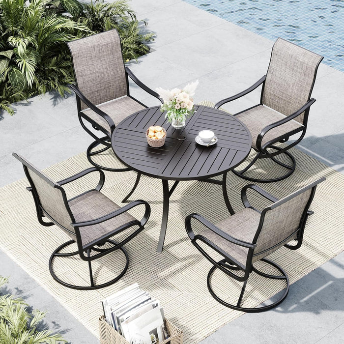 MFSTUDIO Outdoor Dining Set for 4，Round Patio Table and Chairs Set with Umbrella Hole, 5 Piece Patio Furniture Set for Deck, Backyard, Poolside & Garden