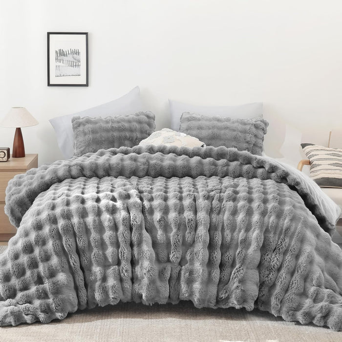 YIKUSH Light Gray Comforter Set King – Ultra Soft & Warm Faux Fur Comforter for Winter, Elegant Fluffy Comforter King Set with Pillowcases, Cozy Gray Bedding Set