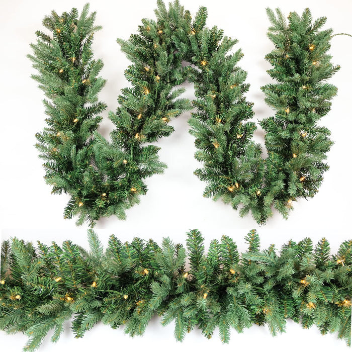 Christmas Garland 9ft with 50 Led, 320 Tips Prelit Fraser Fir Xmas Garland with 50 LED Lights, Lush and Classics Green Style for Indoor Outdoor Home Decoration