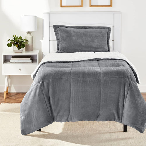 Amazon Basics 2 Piece Bedding Set, Micromink Sherpa, Ultra-Soft, Warm All Season Comforter, Twin, Charcoal, Solid