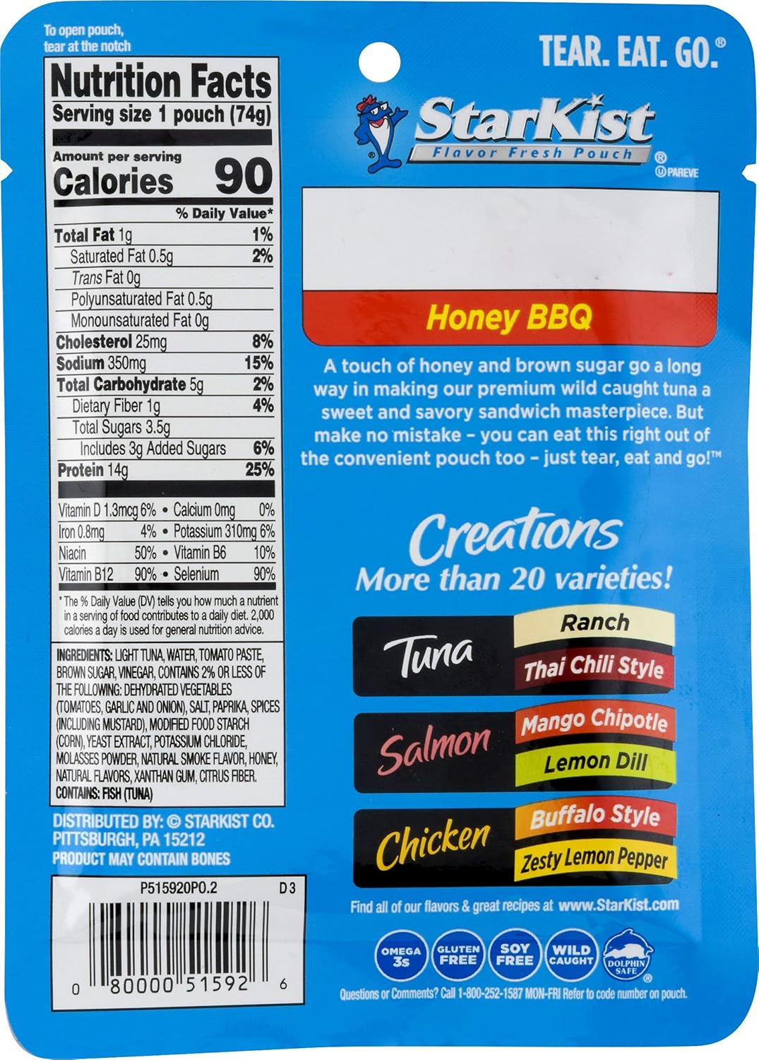 StarKist Tuna Creations Honey BBQ , Single Serve Pouch, 2.6 oz (Pack of 2)