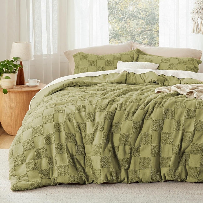 Bedsure Queen Size Comforter Set Beige, Boho Tufted Bed Set, Checkered Farmhouse Shabby Chic Bedding, 3 Pieces, 1 Plaid Geometric Comforter and 2 Pillow Shams