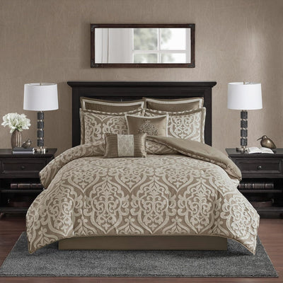 Madison Park Odette Cozy Comforter Set Jacquard Damask Medallion Design - Modern All Season, Down Alternative Bedding, Shams, Decorative Pillow, King(104 in x 92 in), Tan 8 Piece