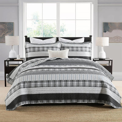 Homzard Quilts Queen Size - Black and White Queen Comforter Set, 100% Cotton Black Grey Striped Bedding Set, Lightweight Reversible Bedspread Set, 3 Piece All Season
