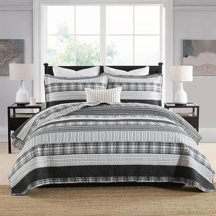 Homzard Quilts Queen Size - Black and White Queen Comforter Set, 100% Cotton Black Grey Striped Bedding Set, Lightweight Reversible Bedspread Set, 3 Piece All Season