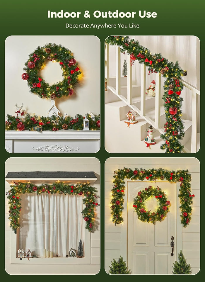 Brightown 9FT Christmas Garland with Lights, Battery Operated Prelit Garland with Pinecones, Berries, Bows, Ornaments, 100 LED White Lights, 8 Modes, Timer, for Mantle, Stairs, Fireplace, Door, Fence