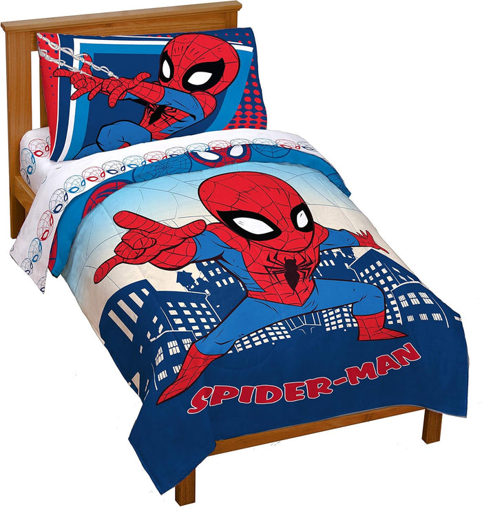 Jay Franco Marvel Spiderman Burst 4 Piece Twin Bed Set - Includes Reversible Comforter & Sheet Set - Bedding - Super Soft Fade Resistant Microfiber - (Official Marvel Product)