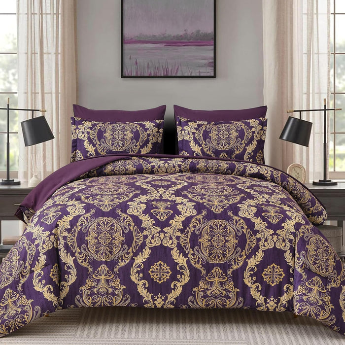 WONGS BEDDING Burgundy Comforter Set Queen Size, Maroon Damask Texture 7 Pieces Bed in a Bag Microfiber Comforter Bedding Sets -1 Comforter, 1 Flat Sheet, 1 Fitted Sheet, 2 Pillow Shams, 2 Pillowcases